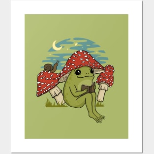 Cute Frog in Mushroom Hat Reading Book, Goblincore Toad, Novel Snail under Night Sky Posters and Art